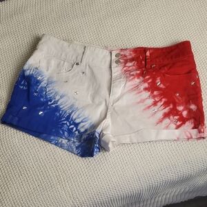 No Boundaries Red and White Jean Shorts with Frayed Hem & Sivler Star Studs